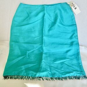 S. L. B. Skirt Sz 12 Raw Silk Lined Teal Beaded Hem Zip Slip Women Knee Length